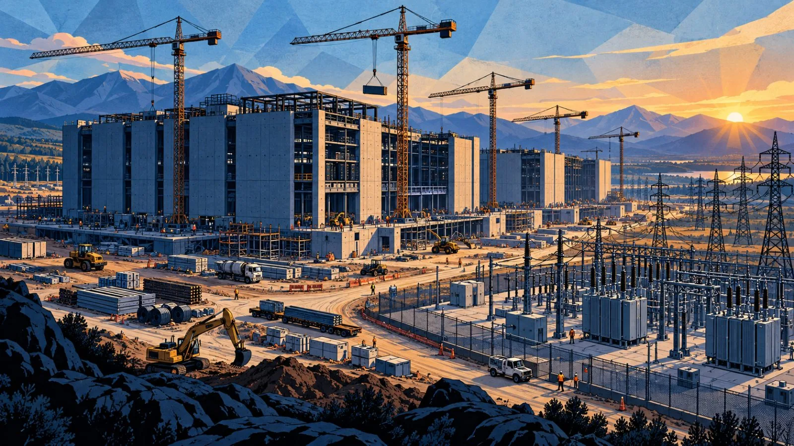 Cranes surround a sprawling data-center construction site at dawn / TokenPost.ai