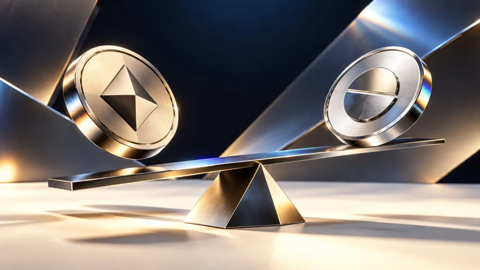 Two metal discs rest on opposite sides of a tilted scale. / TokenPost.ai