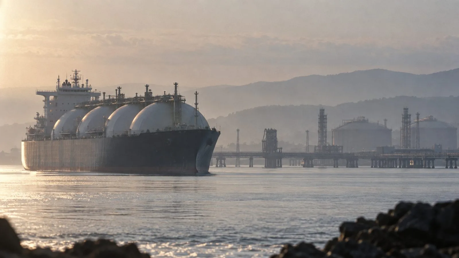 LNG carrier tanks sit beside an export terminal jetty at dawn / TokenPost.ai