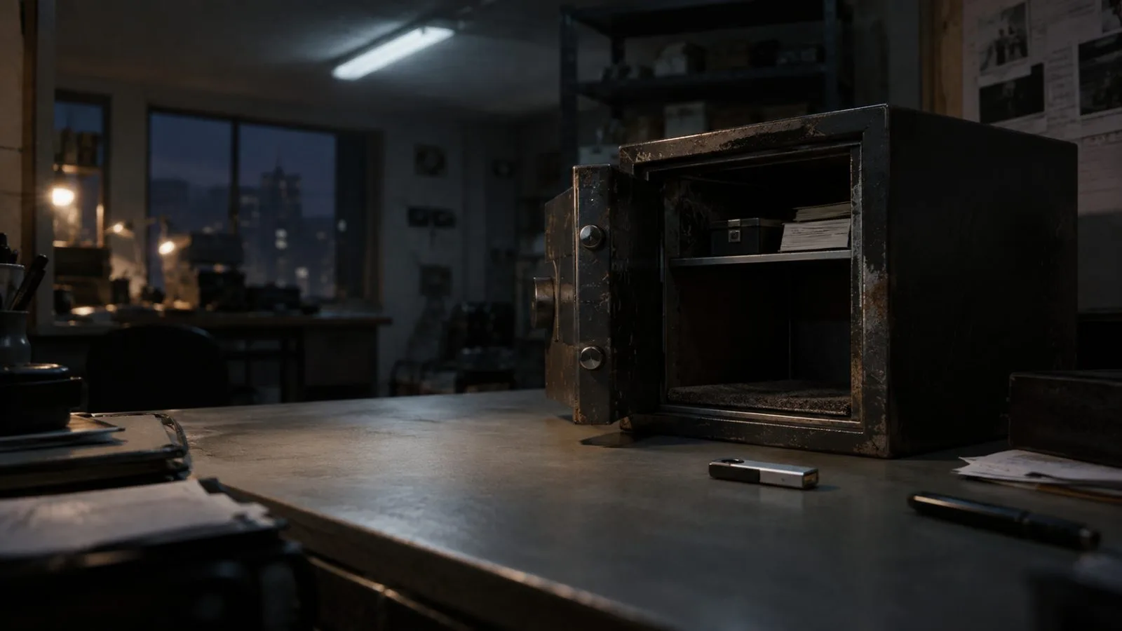 A small safe stands open beside a hardware wallet in a dim room / TokenPost.ai