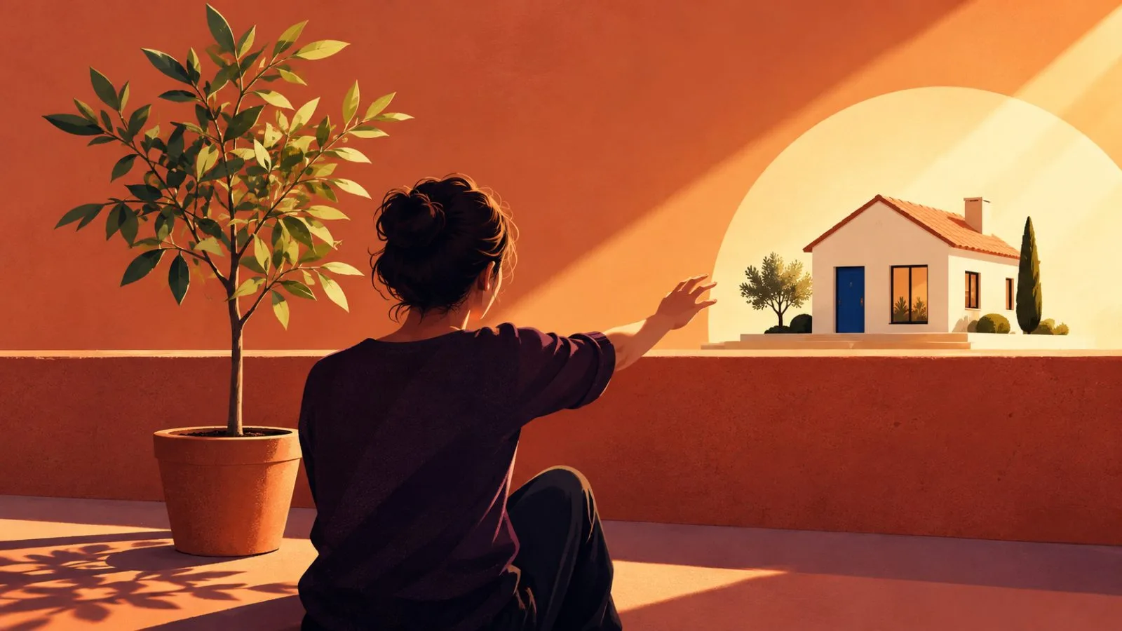 A young adult reaches toward a model home beside a potted tree / TokenPost.ai