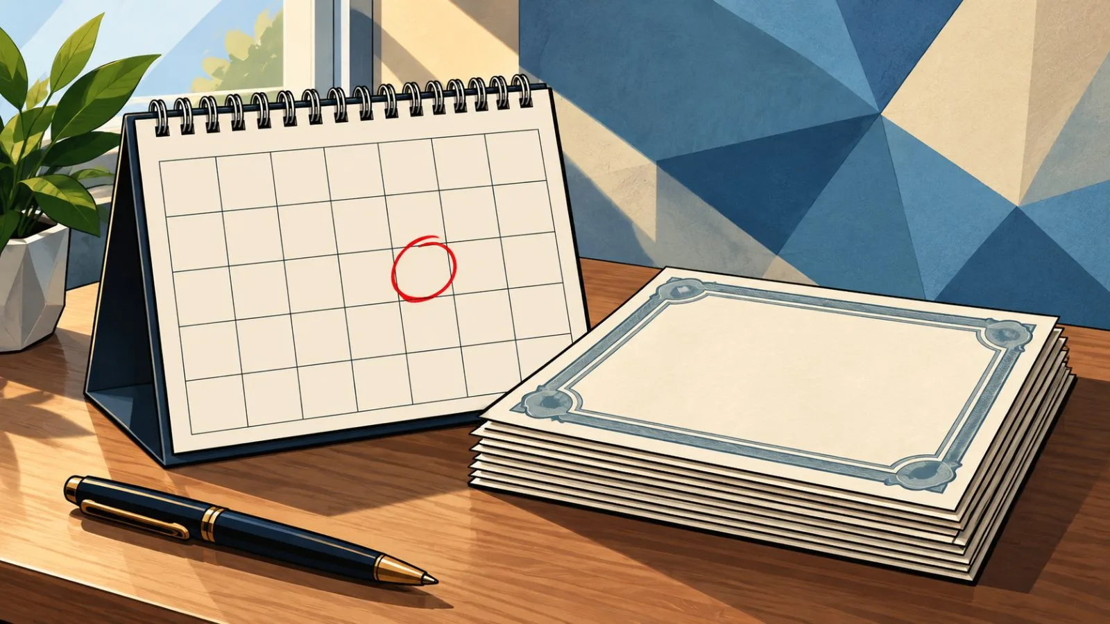 A calendar page beside neatly stacked investment certificates / TokenPost.ai