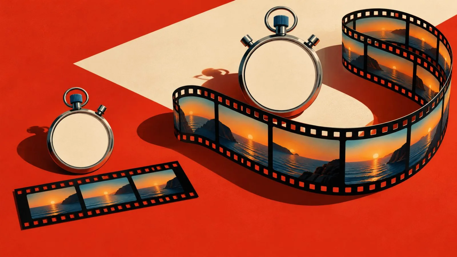 A short film strip and a longer loop beside blank stopwatches / TokenPost.ai
