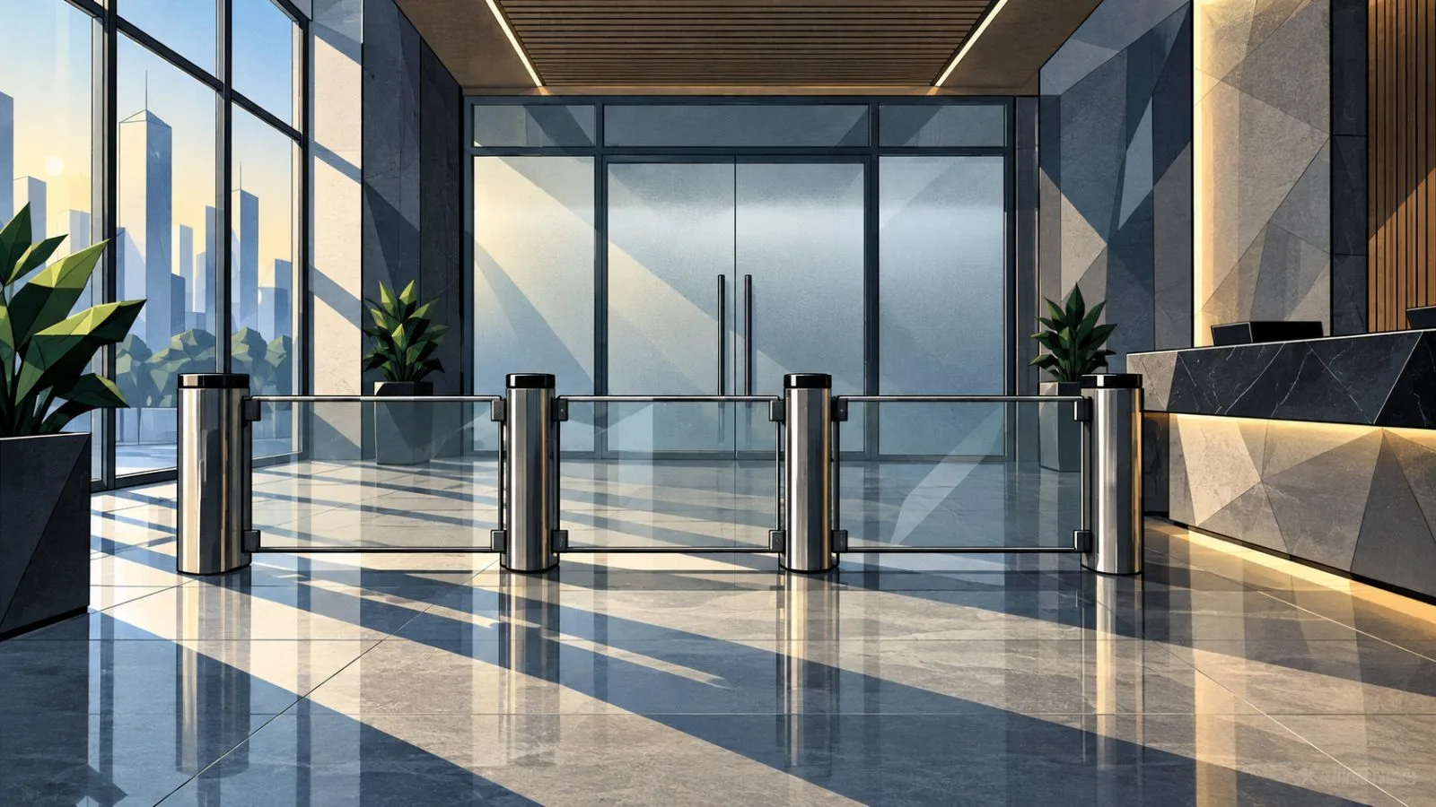 Closed security barrier across an empty glass lobby / TokenPost.ai