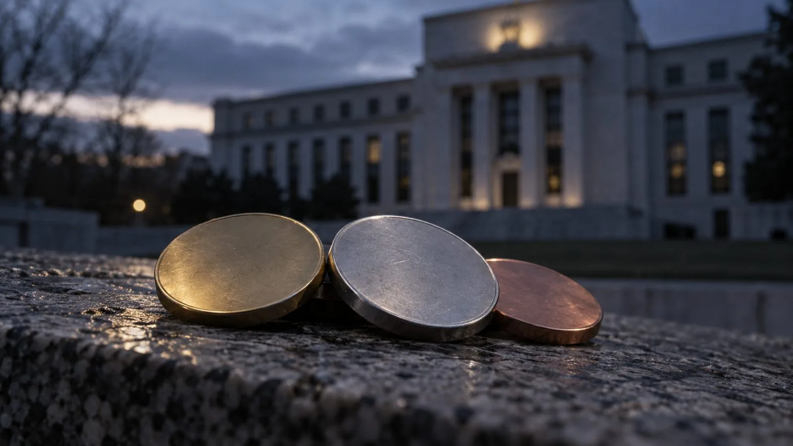 Three metallic tokens rest before a government building / TokenPost.ai