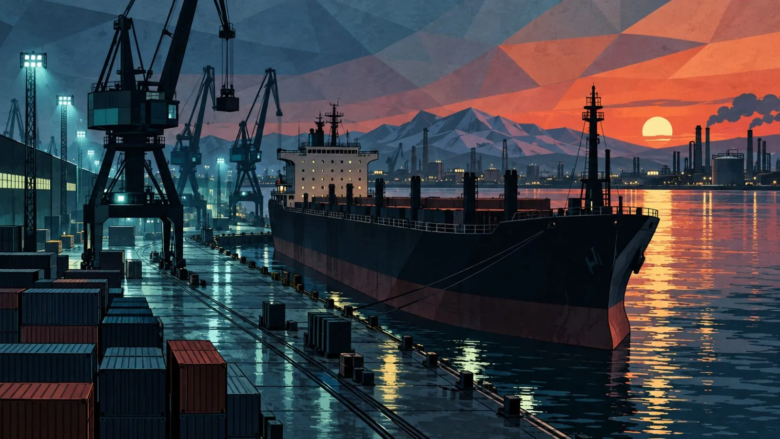 A cargo vessel rests beneath floodlights at a commercial harbor / TokenPost.ai