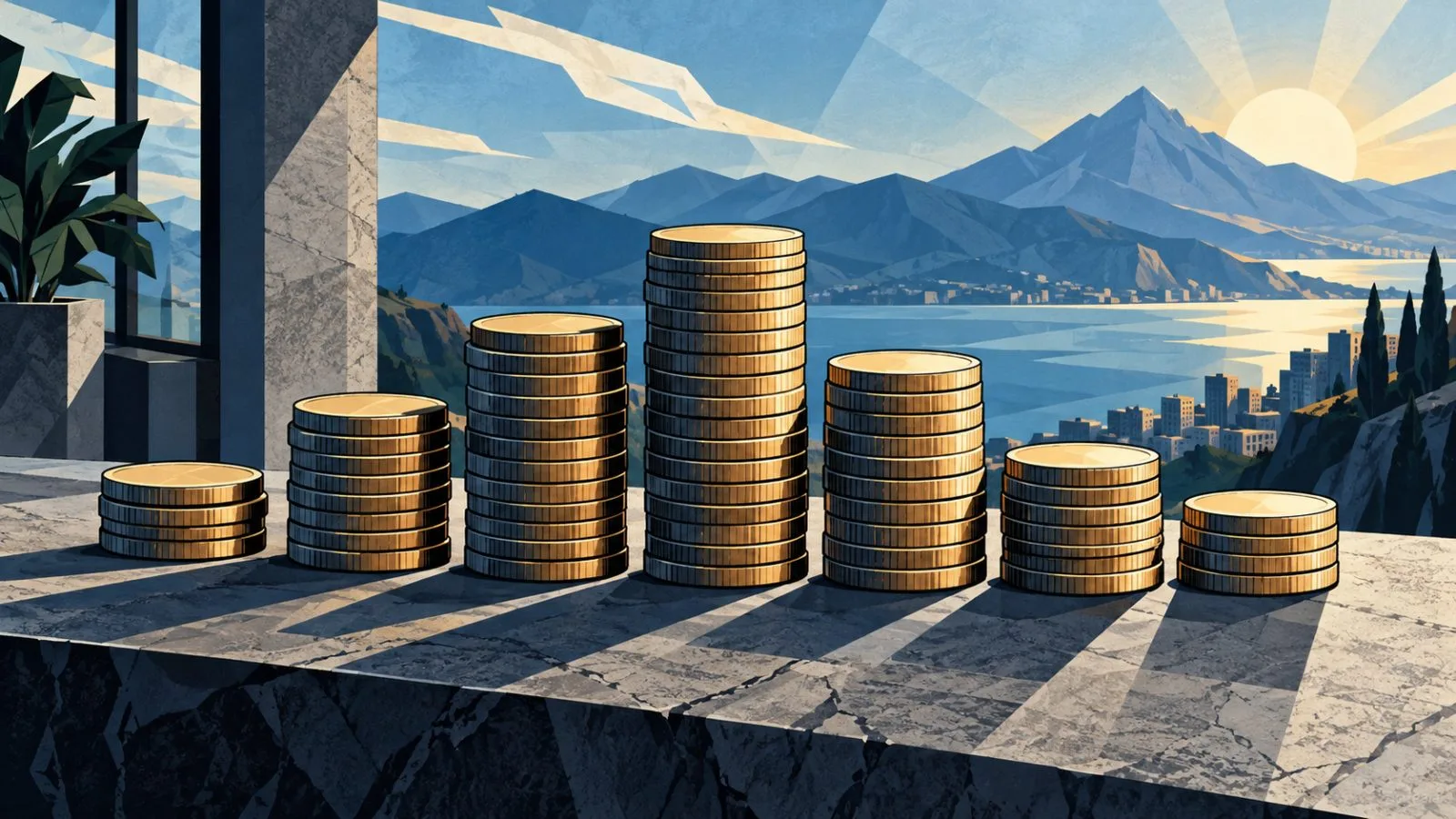 Metallic coin stacks arranged in rising and falling tiers / TokenPost.ai