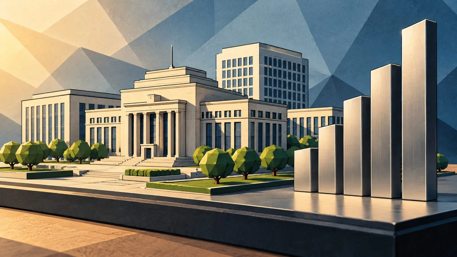 Scale model of a government office complex beside ascending metal bars / TokenPost.ai