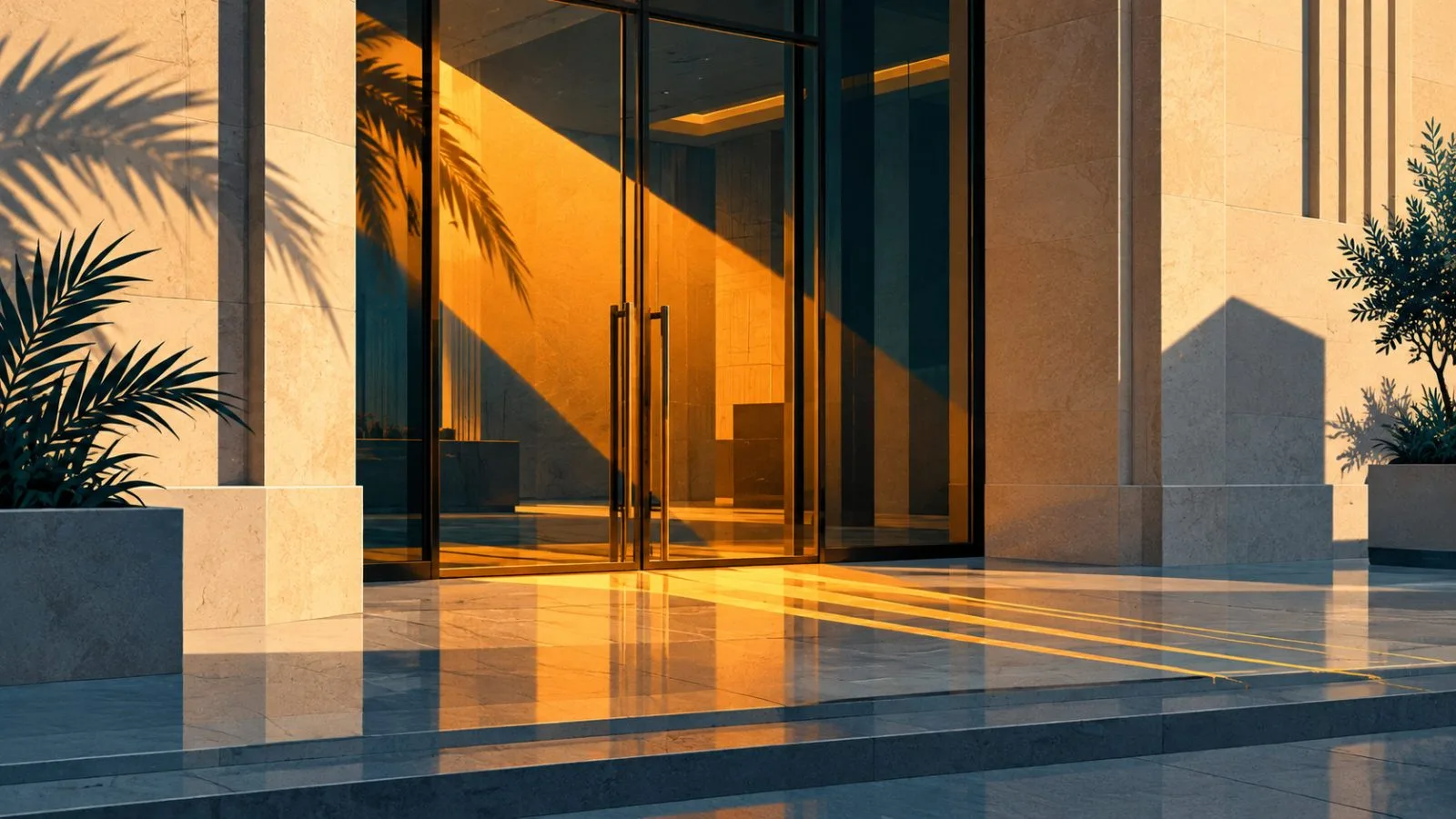 Amber reflections cross the glass doors of a quiet exchange entrance / TokenPost.ai