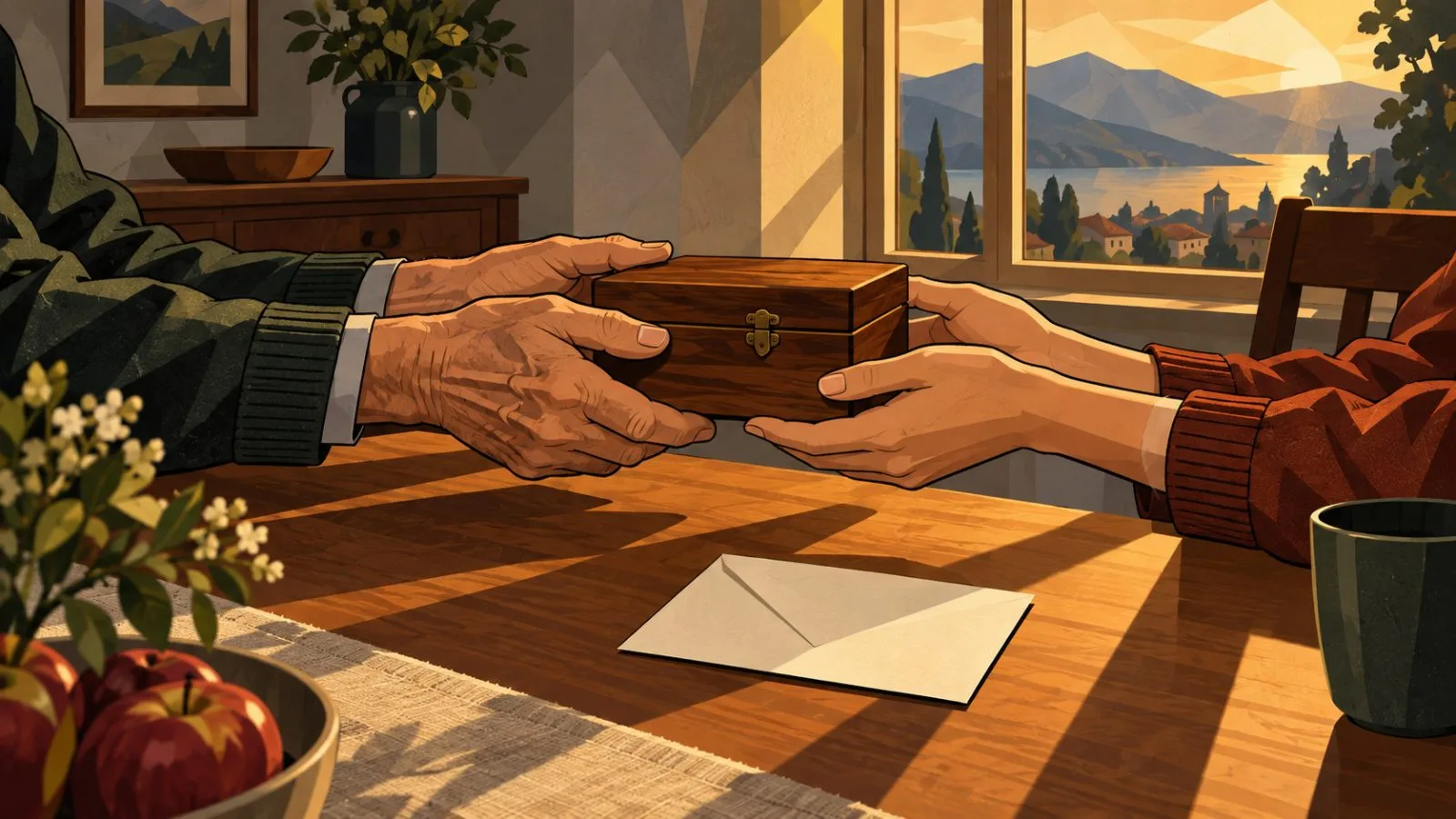 Hands pass an heirloom box beside a donation envelope / TokenPost.ai