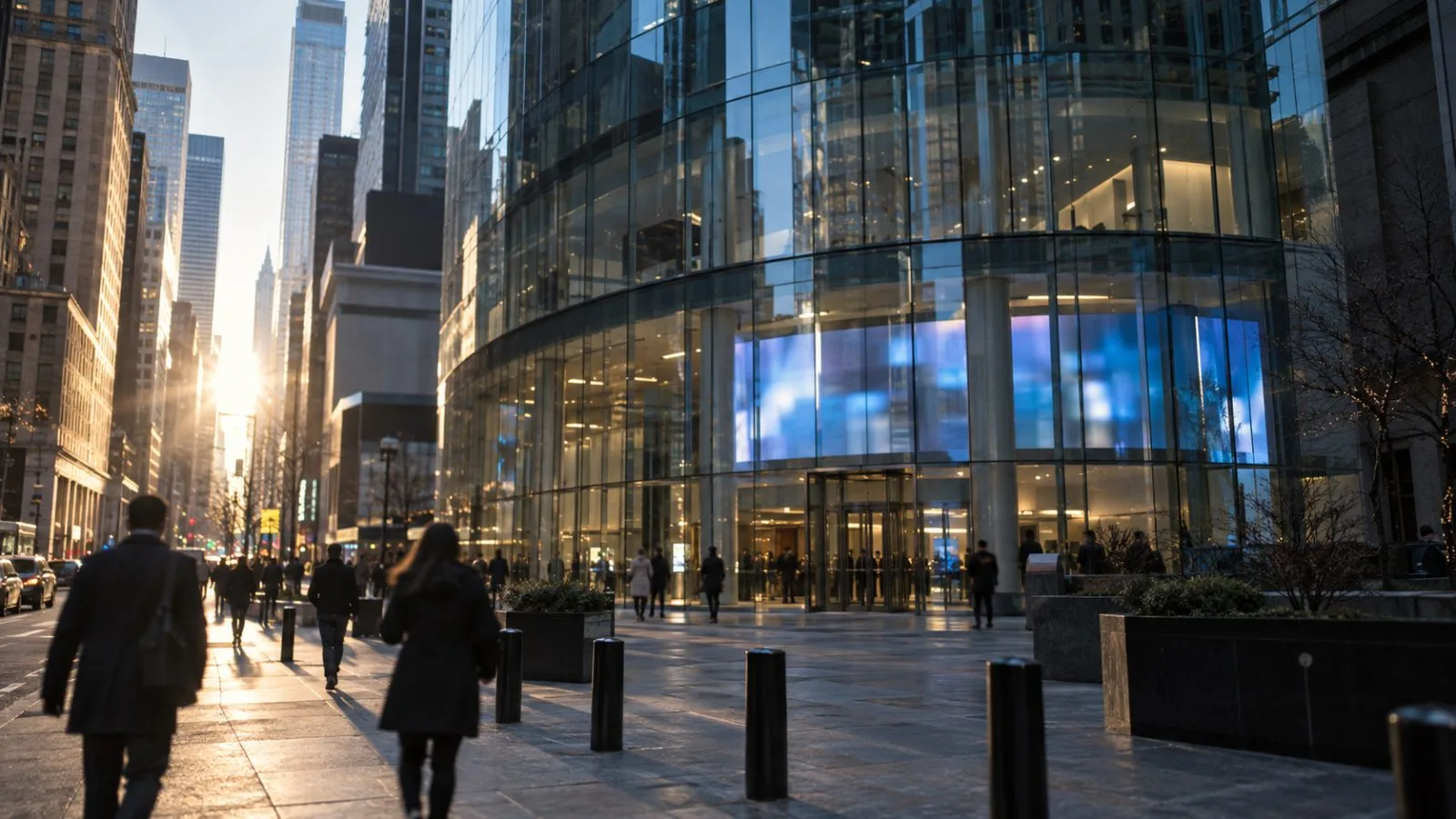 Morning light reflects across the curved glass facade above the plaza / TokenPost.ai