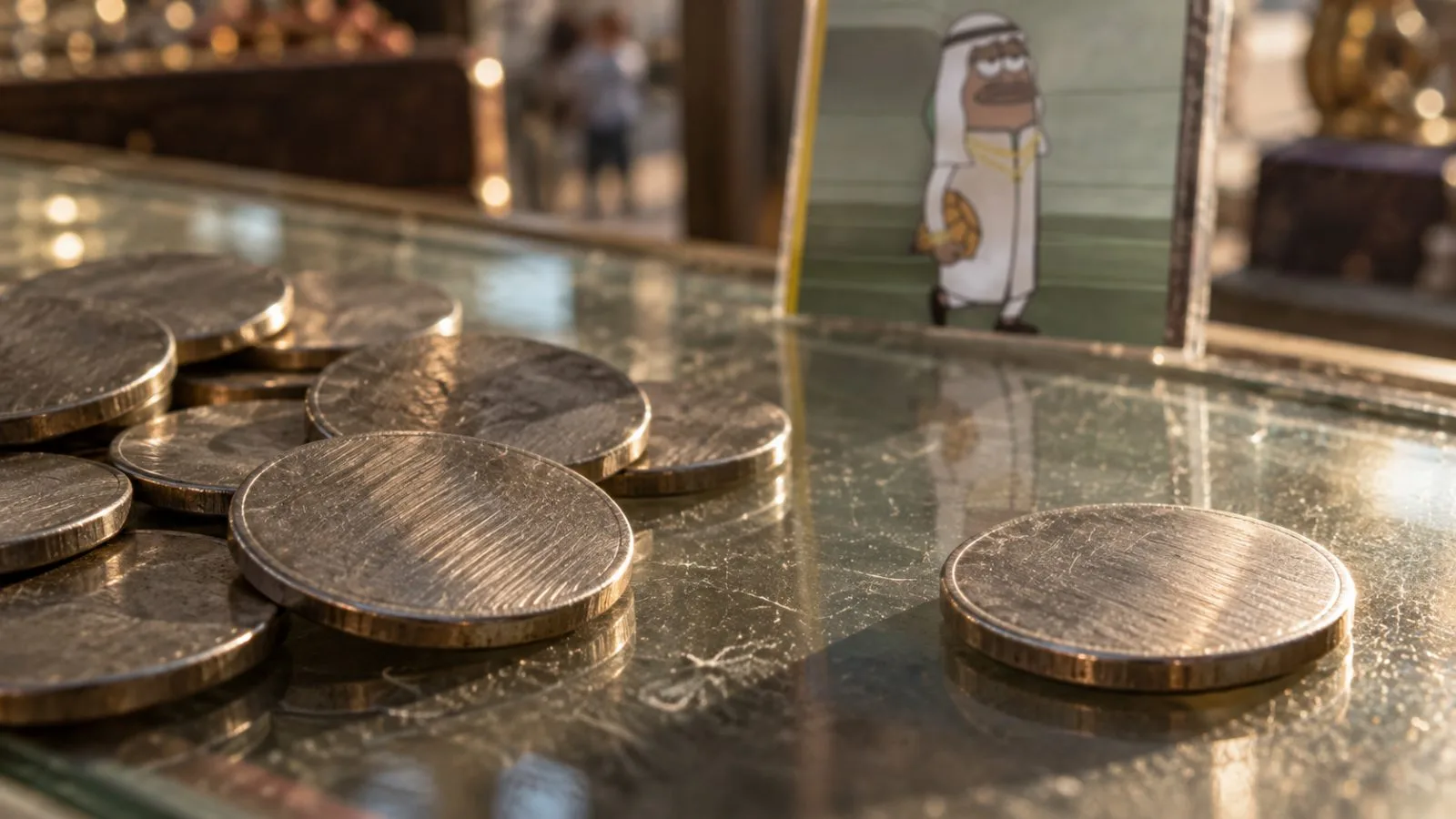 Unmarked metal tokens scattered across a glass market counter / TokenPost.ai