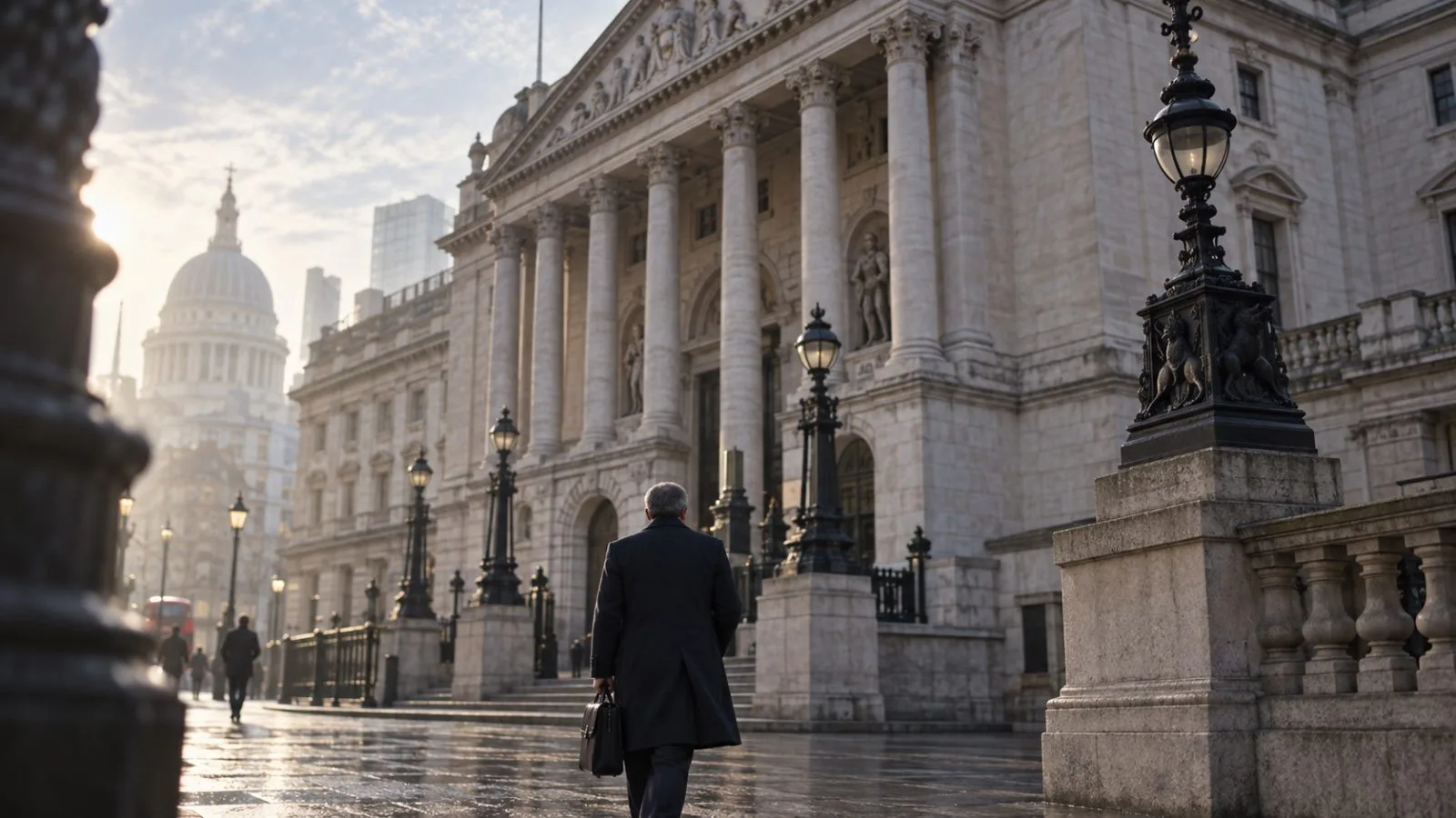 Historic central bank entrance under pale morning light / TokenPost.ai