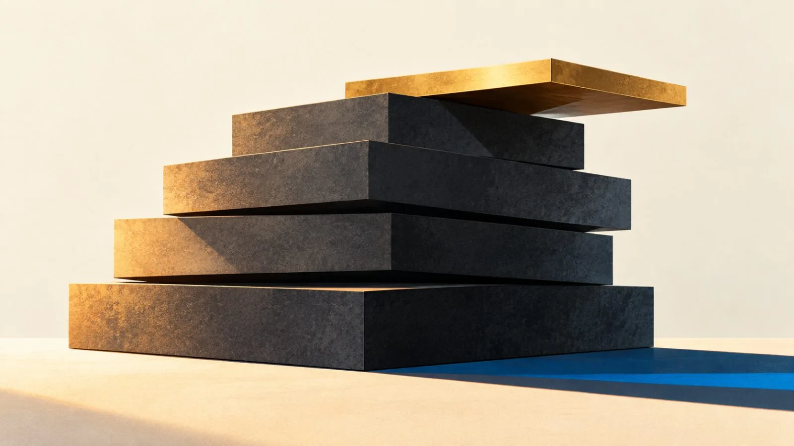 Layered metal plates balance beneath a smaller brass block / TokenPost.ai
