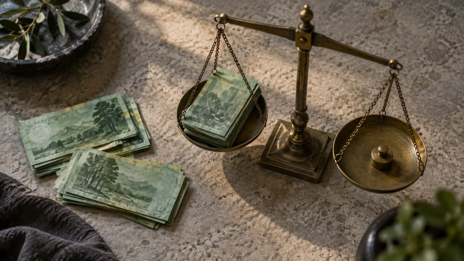 Unmarked banknotes rest beside a brass balance scale / TokenPost.ai / TokenPost.ai