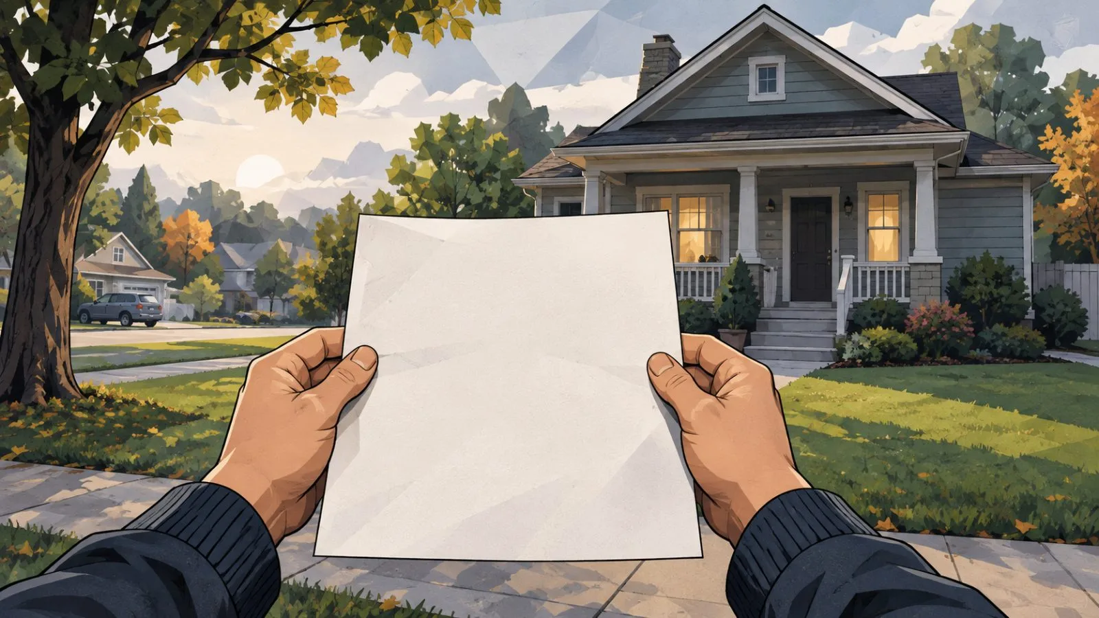 Hands hold a mortgage notice outside a quiet suburban home / TokenPost.ai