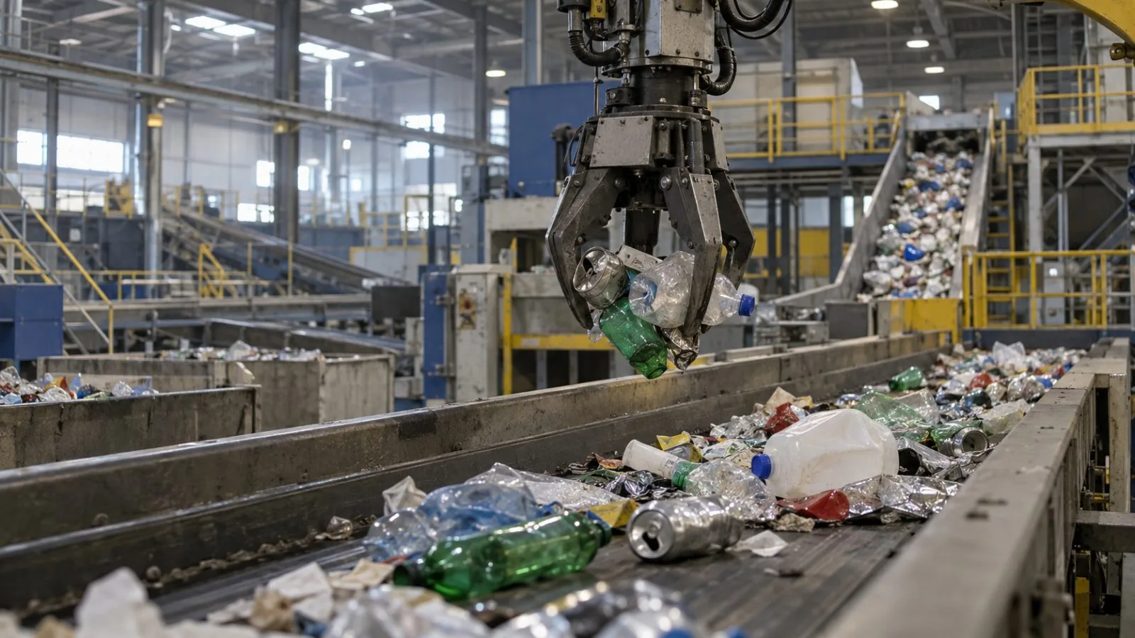 Robotic claw sorting recyclable containers on a conveyor belt / TokenPost.ai
