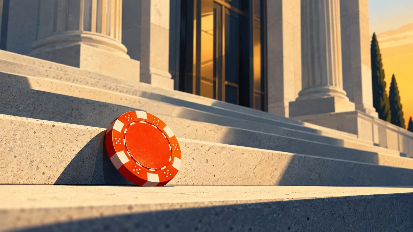 A red casino chip rests on courthouse steps in late-afternoon light / TokenPost.ai