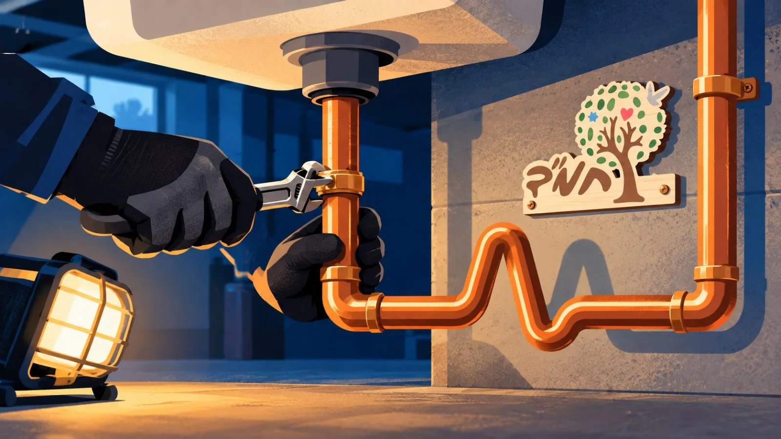 A gloved hand tightens a copper pipe joint beneath a sink. / TokenPost.ai