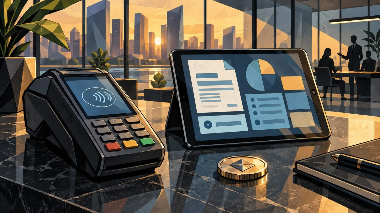 Payment terminal and stablecoin beside an abstract invoice display / TokenPost.ai