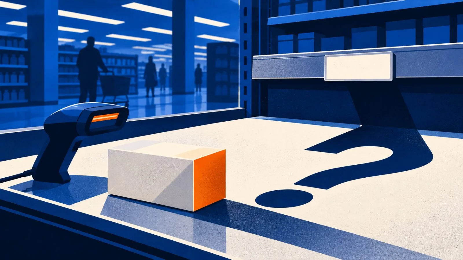 A packaged item sits beside a scanner and shelf label / TokenPost.ai