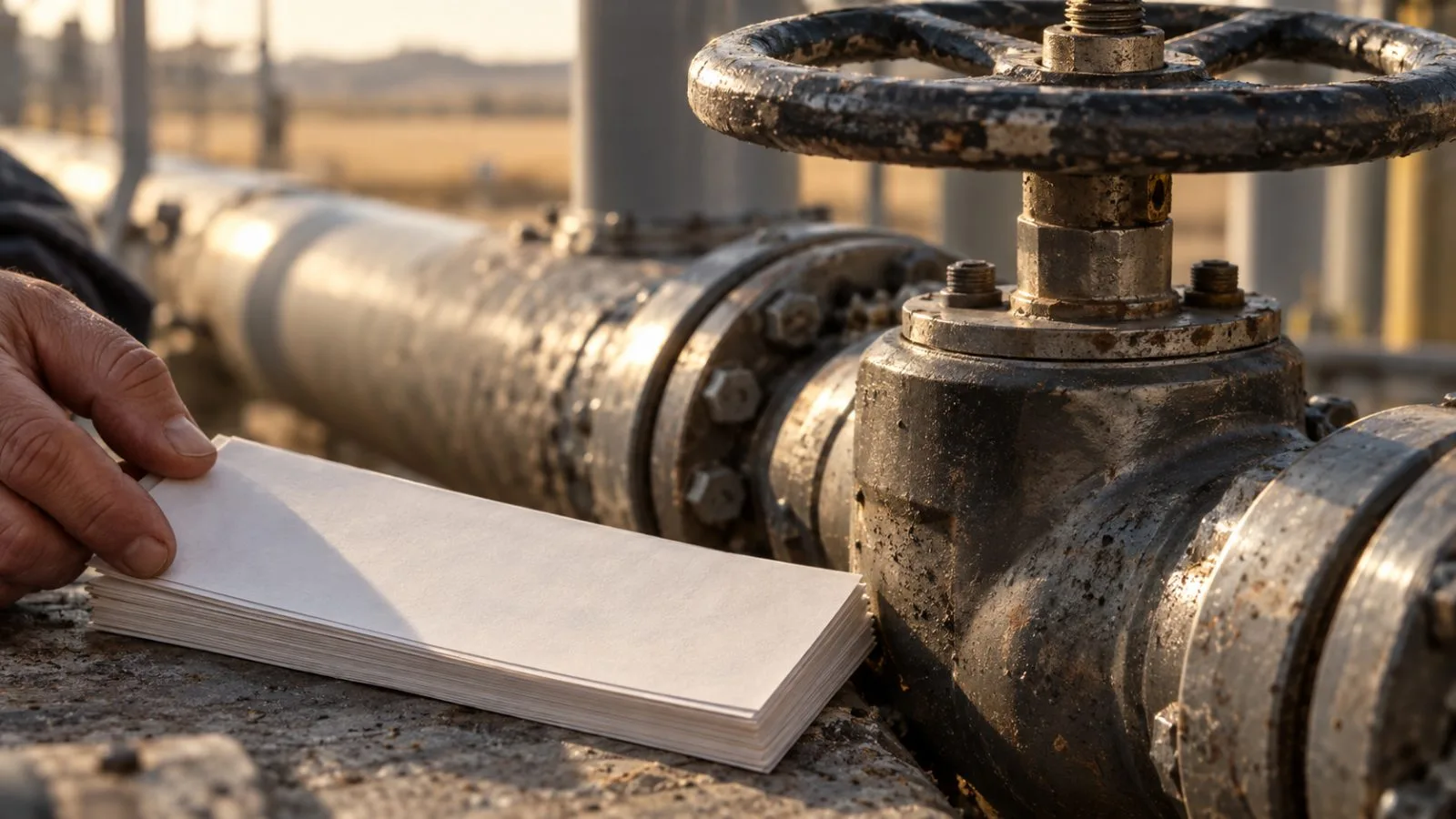 Blank dividend checks rest beside a natural gas pipeline valve / TokenPost.ai