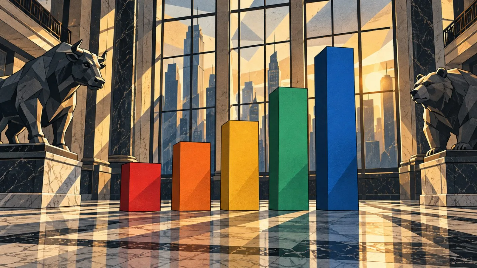 Five polished market bars rise across a marble exchange floor / TokenPost.ai