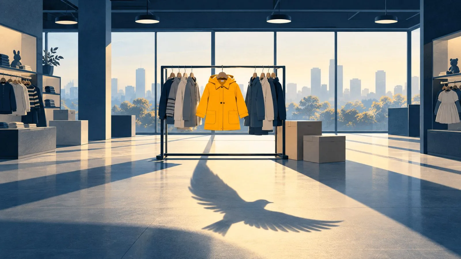 A yellow child-size coat hangs among freshly arranged children's clothing / TokenPost.ai