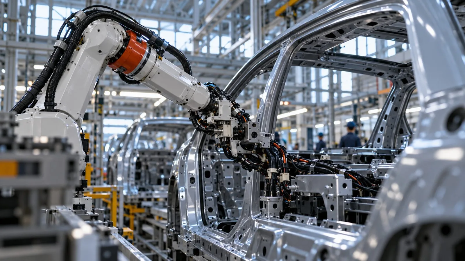 A humanoid robot routes wiring through an unfinished vehicle body / TokenPost.ai
