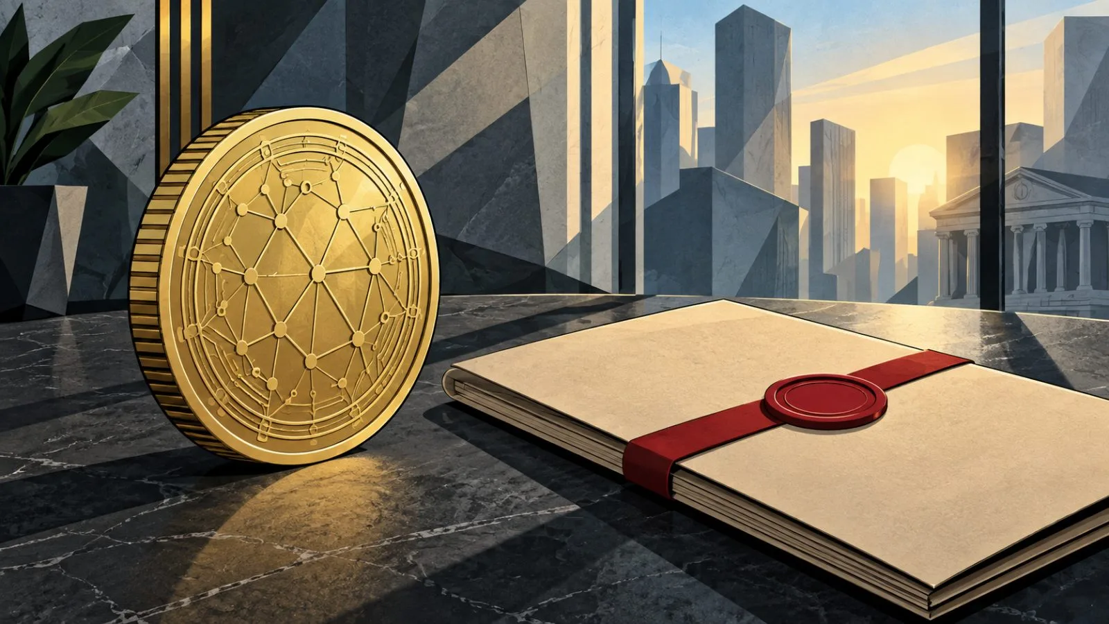 Bitcoin coin beside a sealed folder on a dark stone table / TokenPost.ai