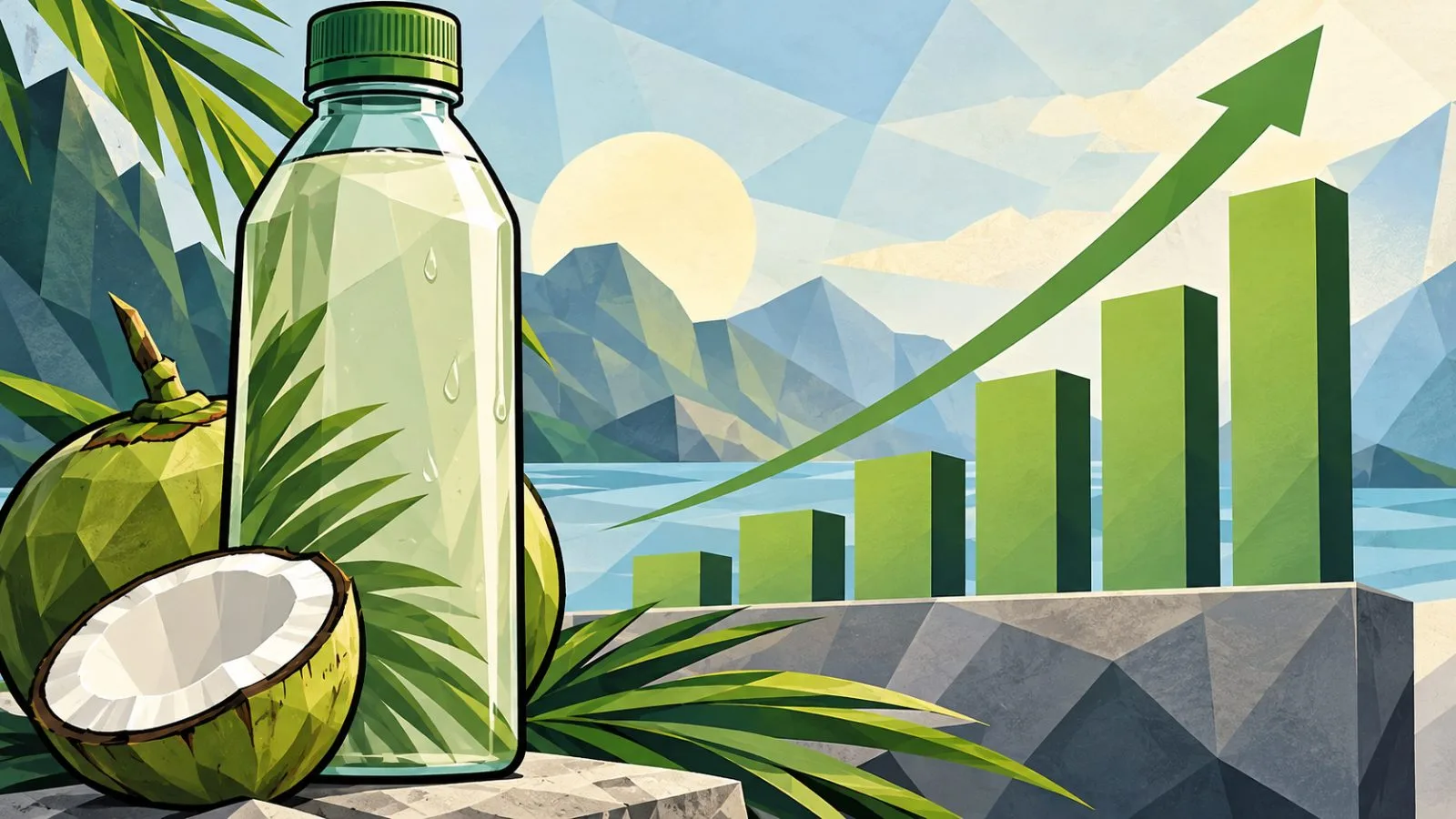 A fresh green coconut beside a clear glass of coconut water / TokenPost.ai