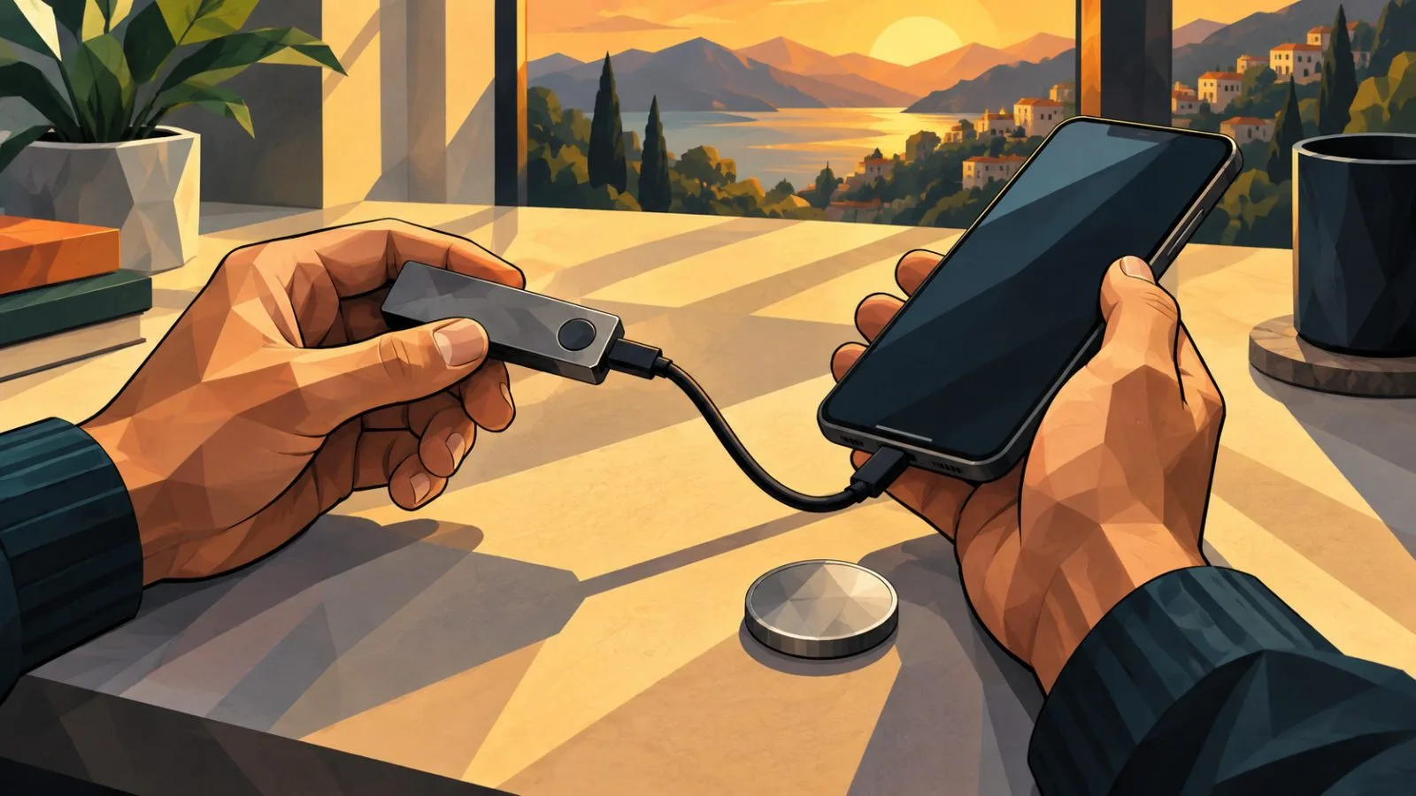 Hardware wallet and smartphone beside a metal token / TokenPost.ai