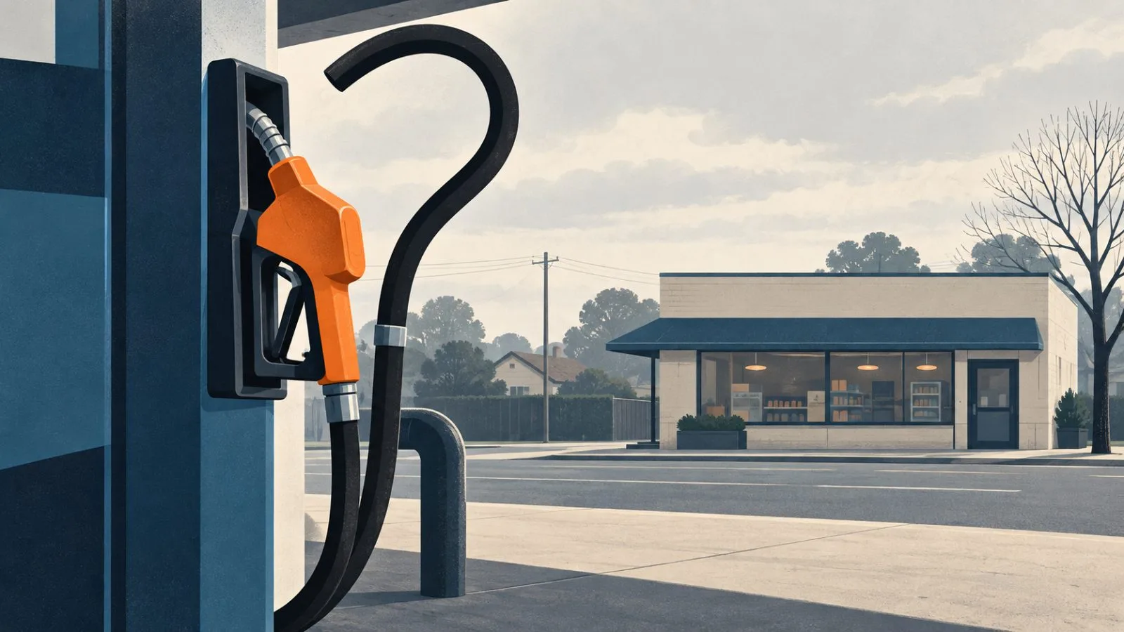 A fuel nozzle hangs beside a quiet neighborhood service station / TokenPost.ai