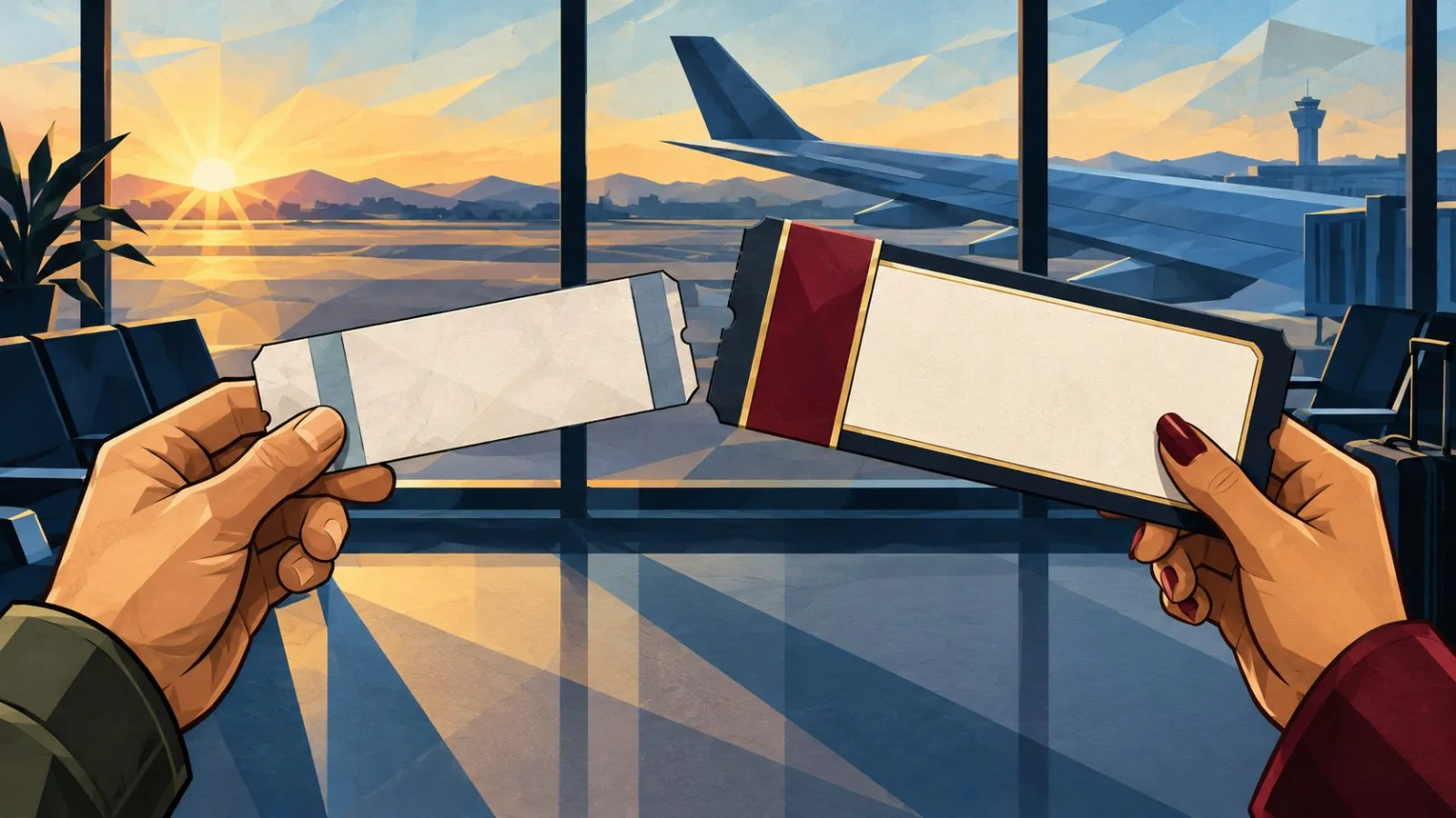 Two hands hold contrasting airline tickets in an airport terminal / TokenPost.ai