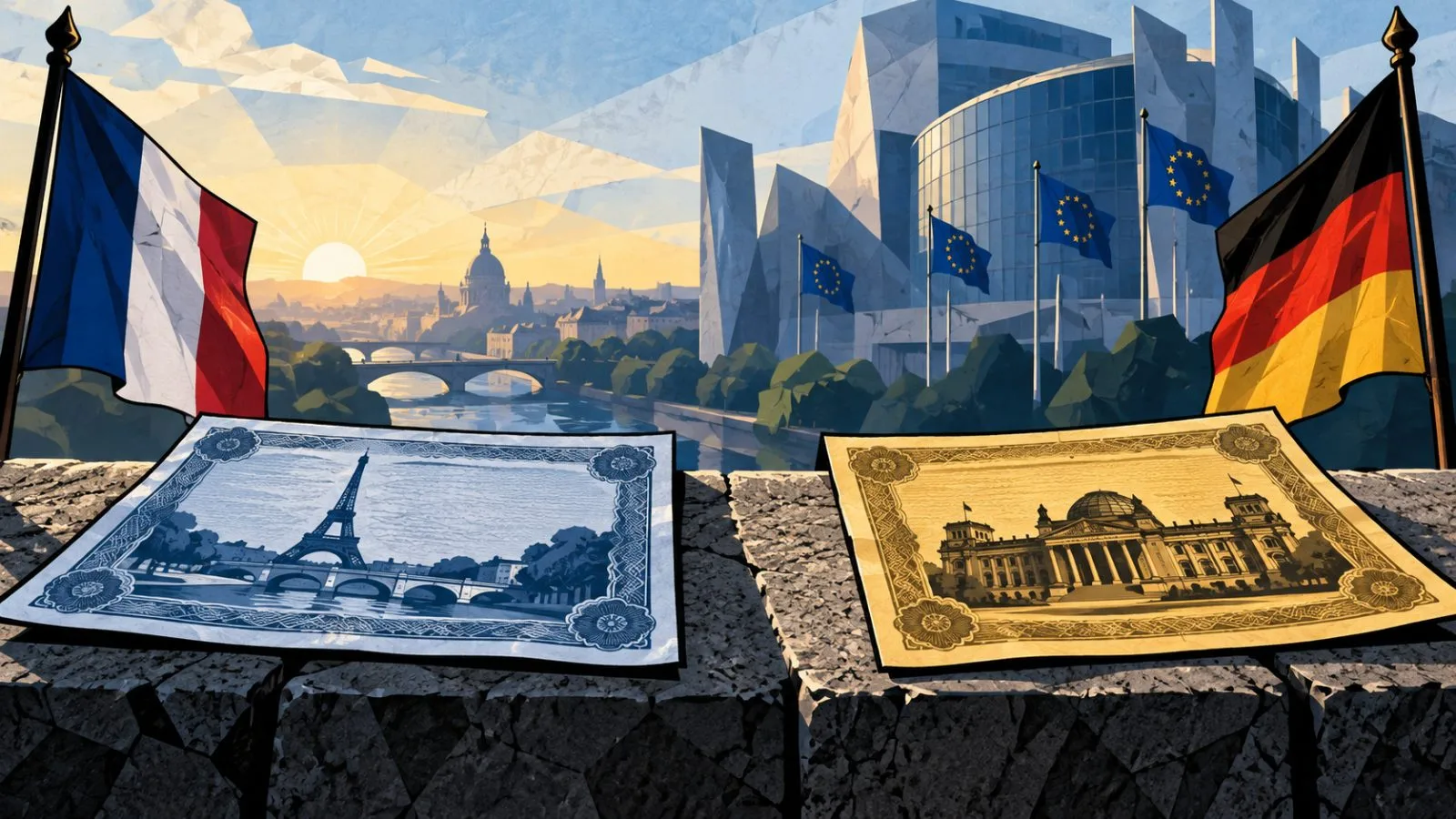 French and German flags stand beside separated bond certificates / TokenPost.ai