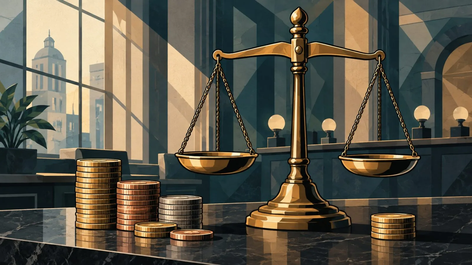 Brass balance scale beside neatly stacked metal coins / TokenPost.ai