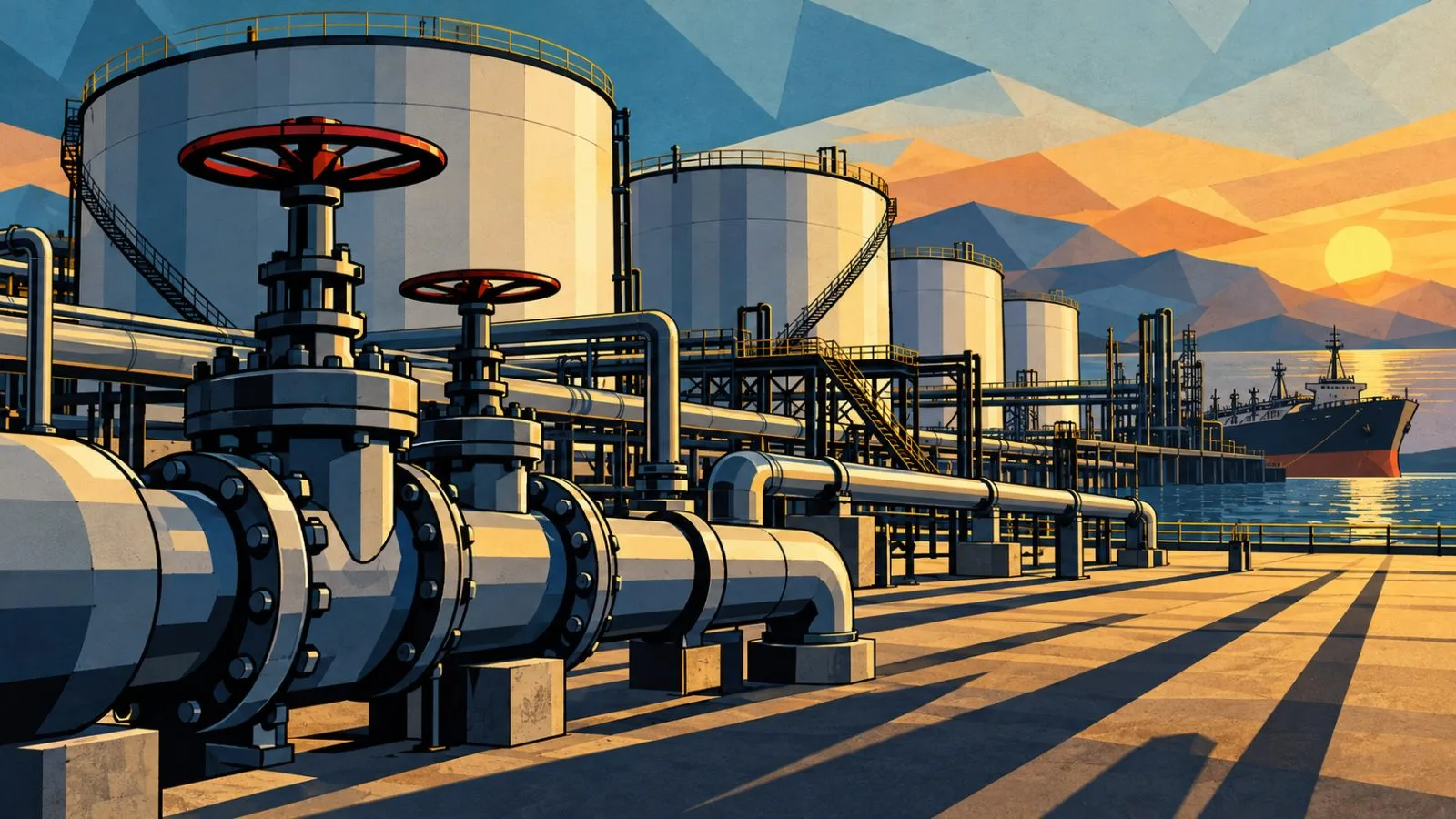 Steel pipeline valves beside storage tanks in afternoon light / TokenPost.ai