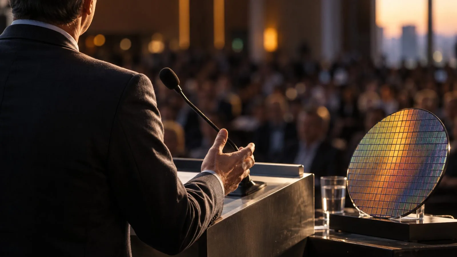 Speaker silhouetted at a conference lectern beneath warm stage lights / TokenPost.ai