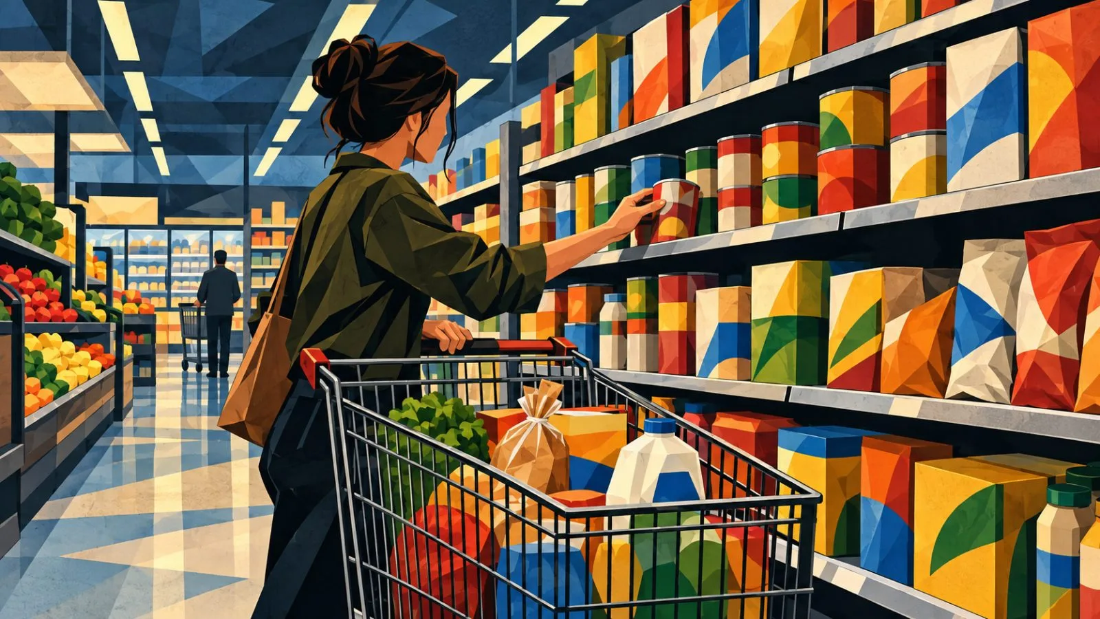 Shopping cart filled with groceries in a brightly lit store aisle / TokenPost.ai