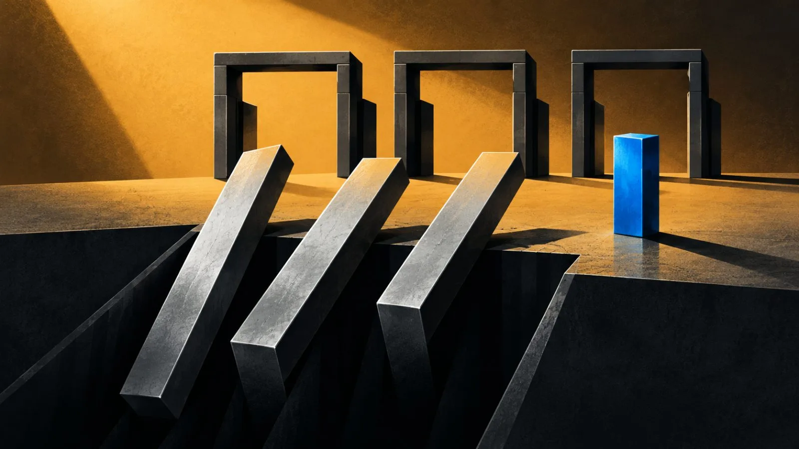 Three metal bars tip toward a dark chute beside exchange gates / TokenPost.ai