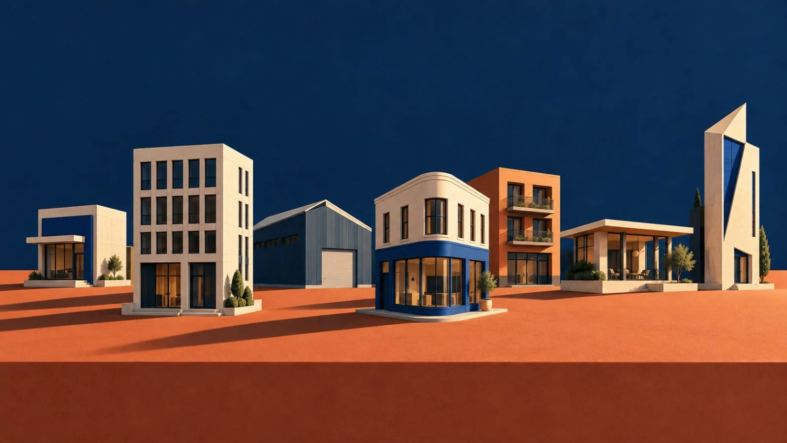 Seven miniature commercial buildings arranged across a terracotta platform / TokenPost.ai