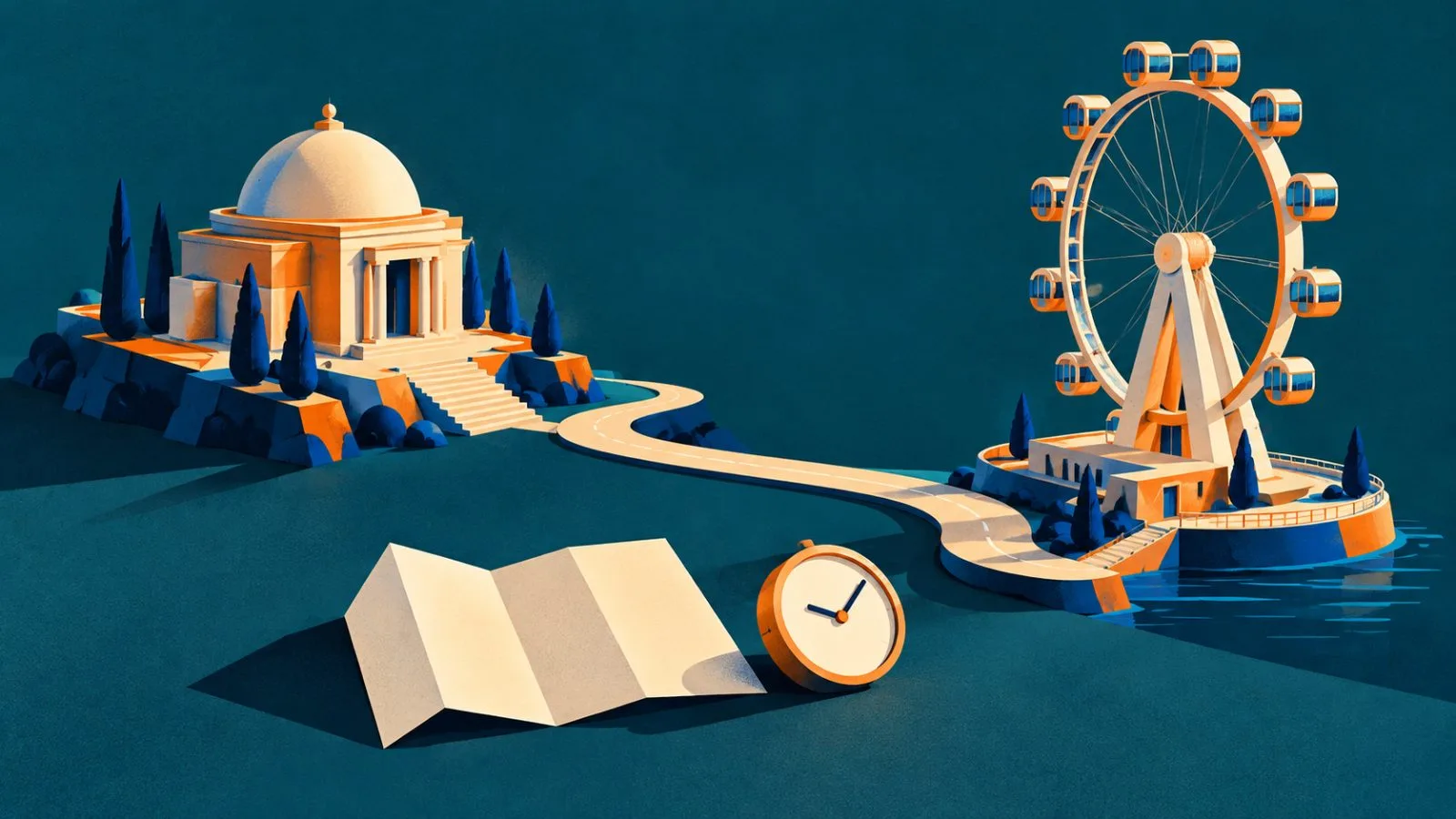 Miniature road connecting two attraction buildings beside a folded itinerary / TokenPost.ai