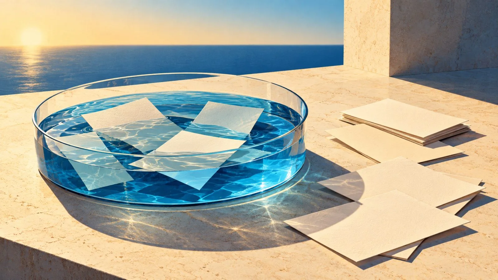 Blank equity certificates rest beside a shallow glass pool / TokenPost.ai
