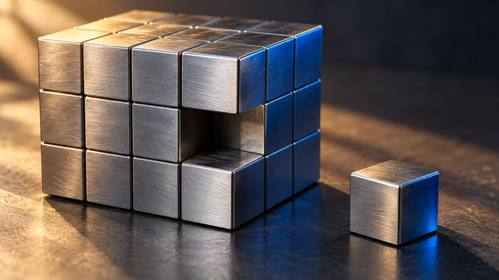 A metal block sits beside one detached square tile / TokenPost.ai