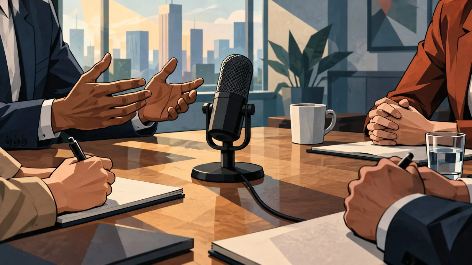 Hands gathered around a conference microphone in a quiet meeting room / TokenPost.ai