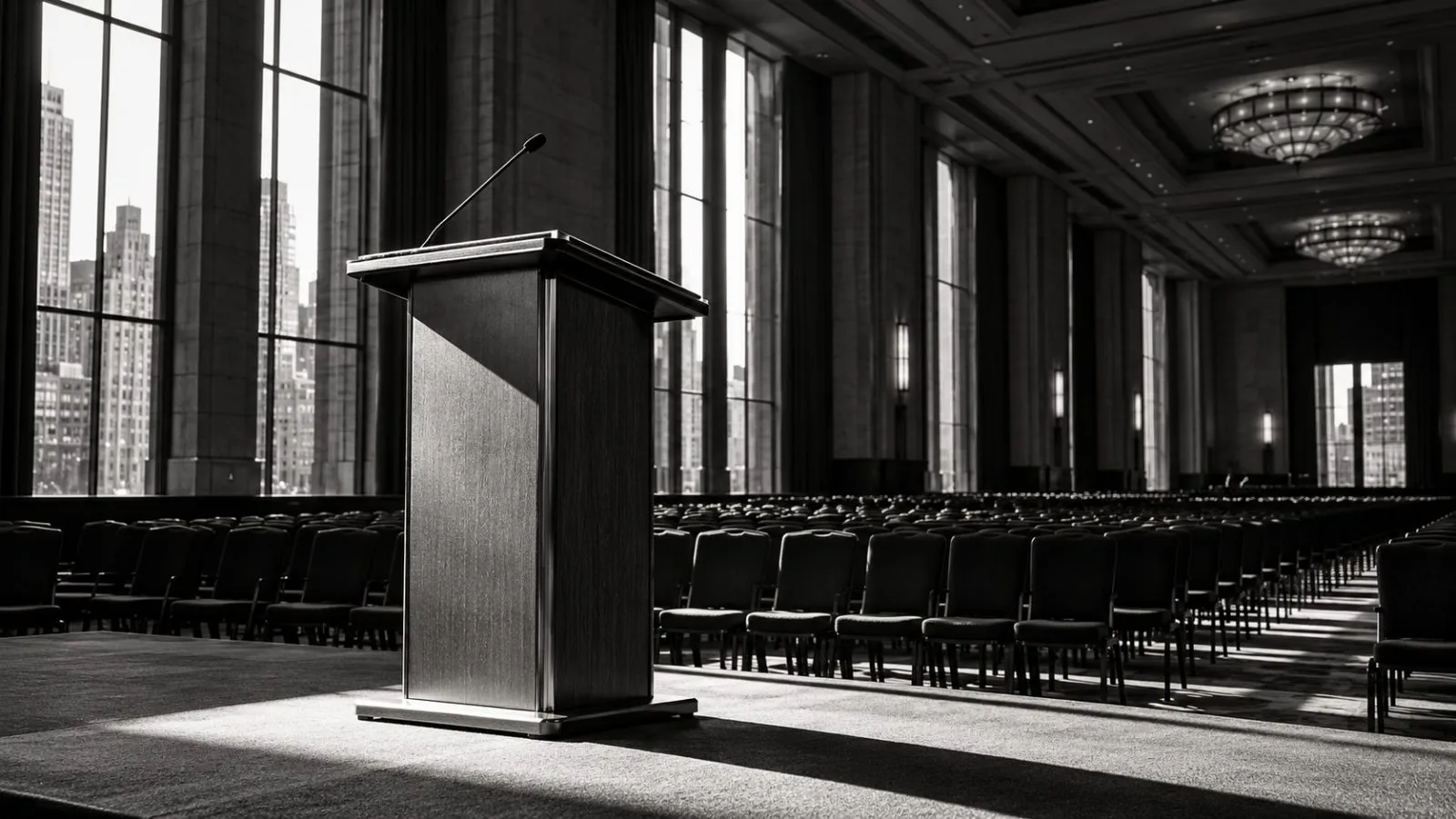 An empty lectern stands before rows of dark chairs. / TokenPost.ai