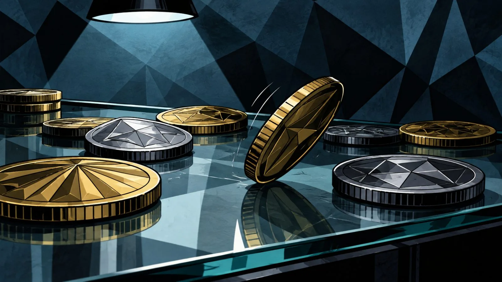 Metal cryptocurrency tokens scattered across a glass counter / TokenPost.ai