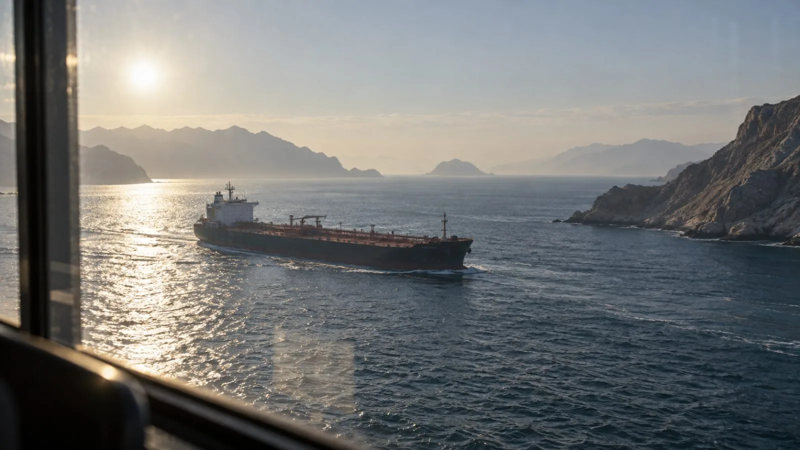 Commercial tanker crossing sunlit waters near rocky coastline / TokenPost.ai