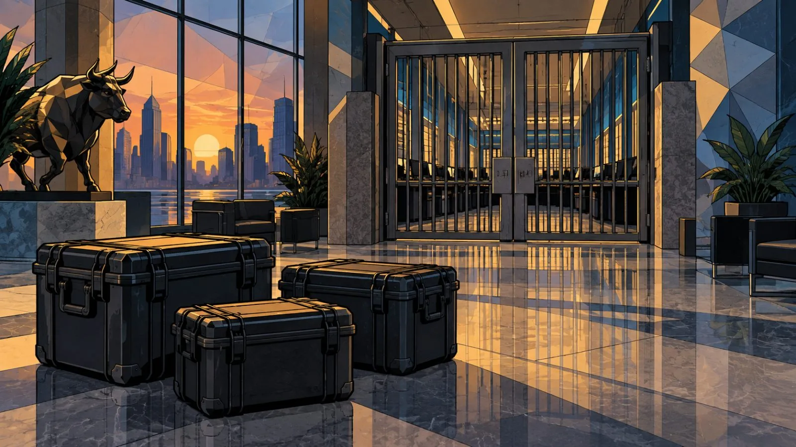 Closed access gate beside empty storage cases in a quiet lobby / TokenPost.ai