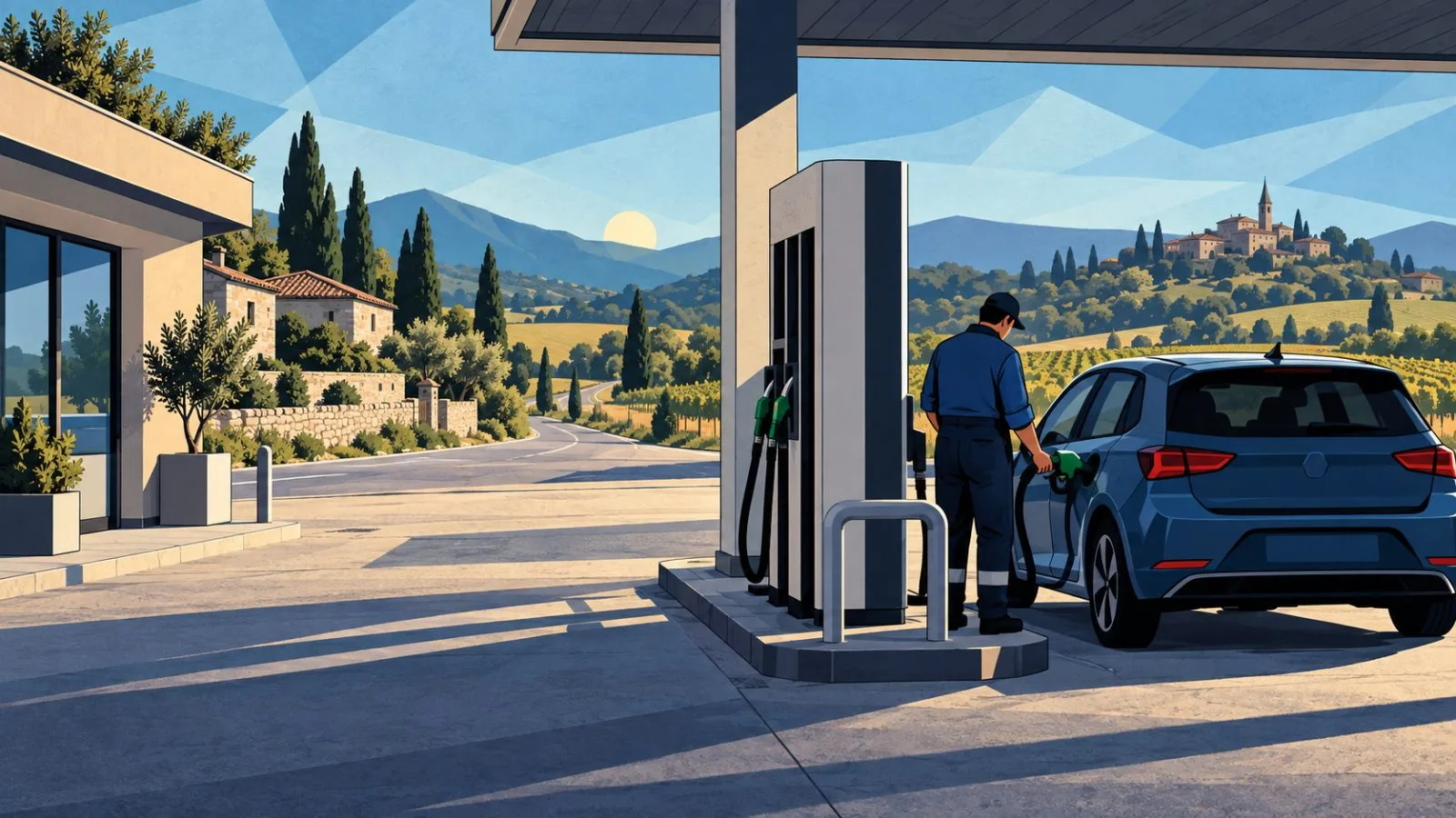 Compact car beside an unbranded fuel pump at dawn / TokenPost.ai